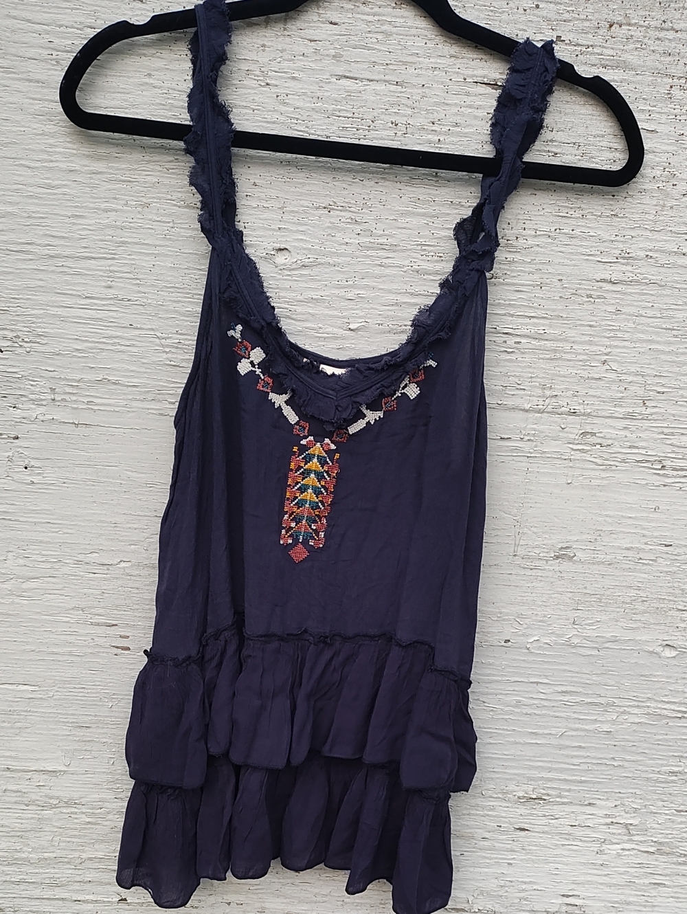 Passport Navy Embroidered Ruffle-Tiered Camisole, Tank Top, Size L, 100% Rayon